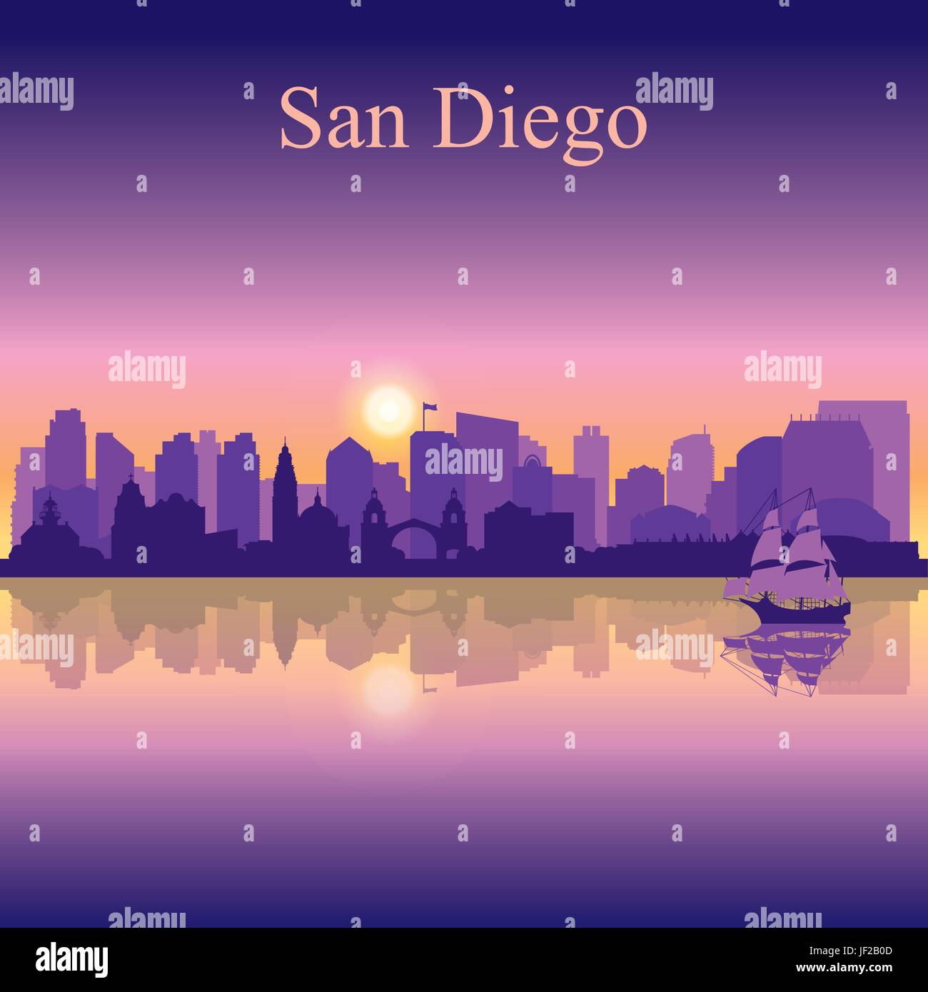 San Diego silhouette on sunset background, vector illustration Stock Vector