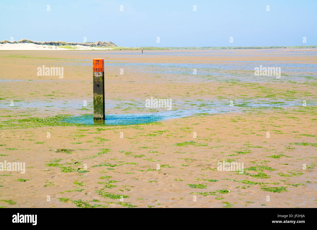 Beach pole with red top, distance marker for basic coastline indicating tide line of North Sea, Goeree, South Holland, Netherlands Stock Photo