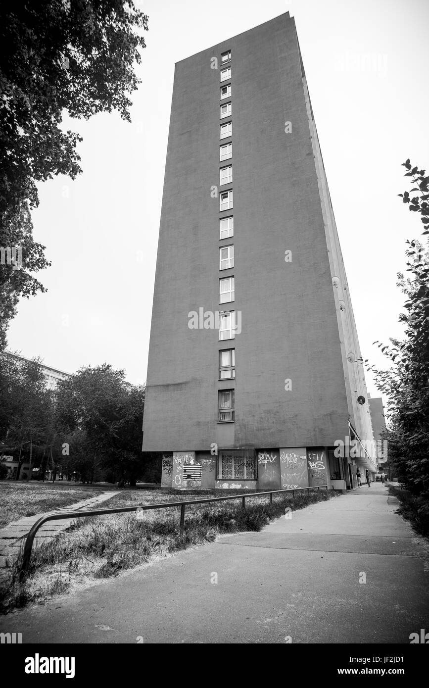 Black & White Dablice communist tower block deep in Ladi area of Prague, Czech Republic. Super Wide Portrait Stock Photo