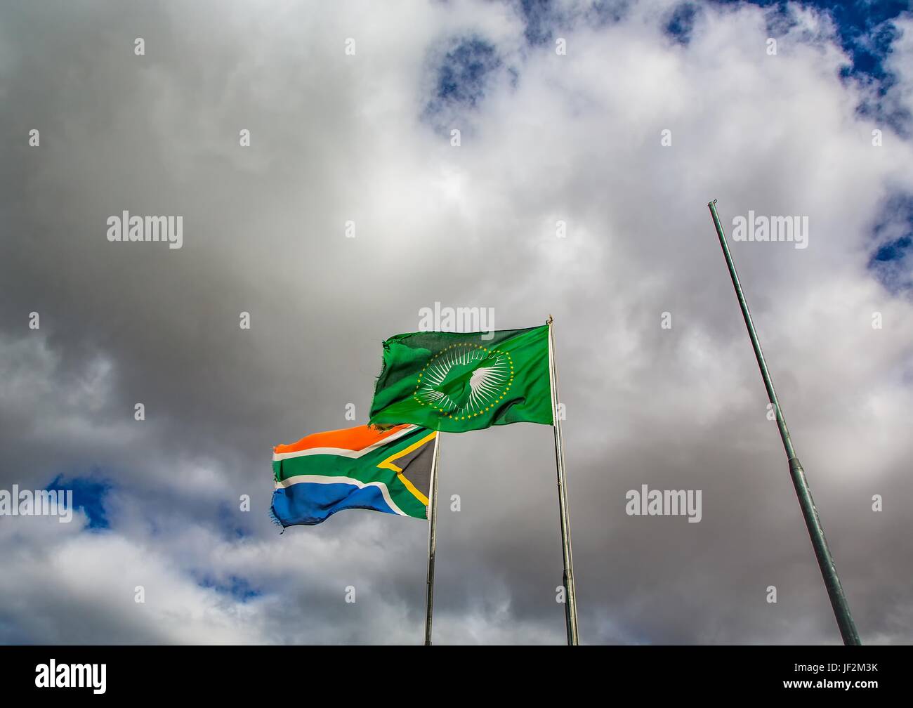 Waving flags of South Africa and the African Union in front of cloudy sky  Stock Photo - Alamy