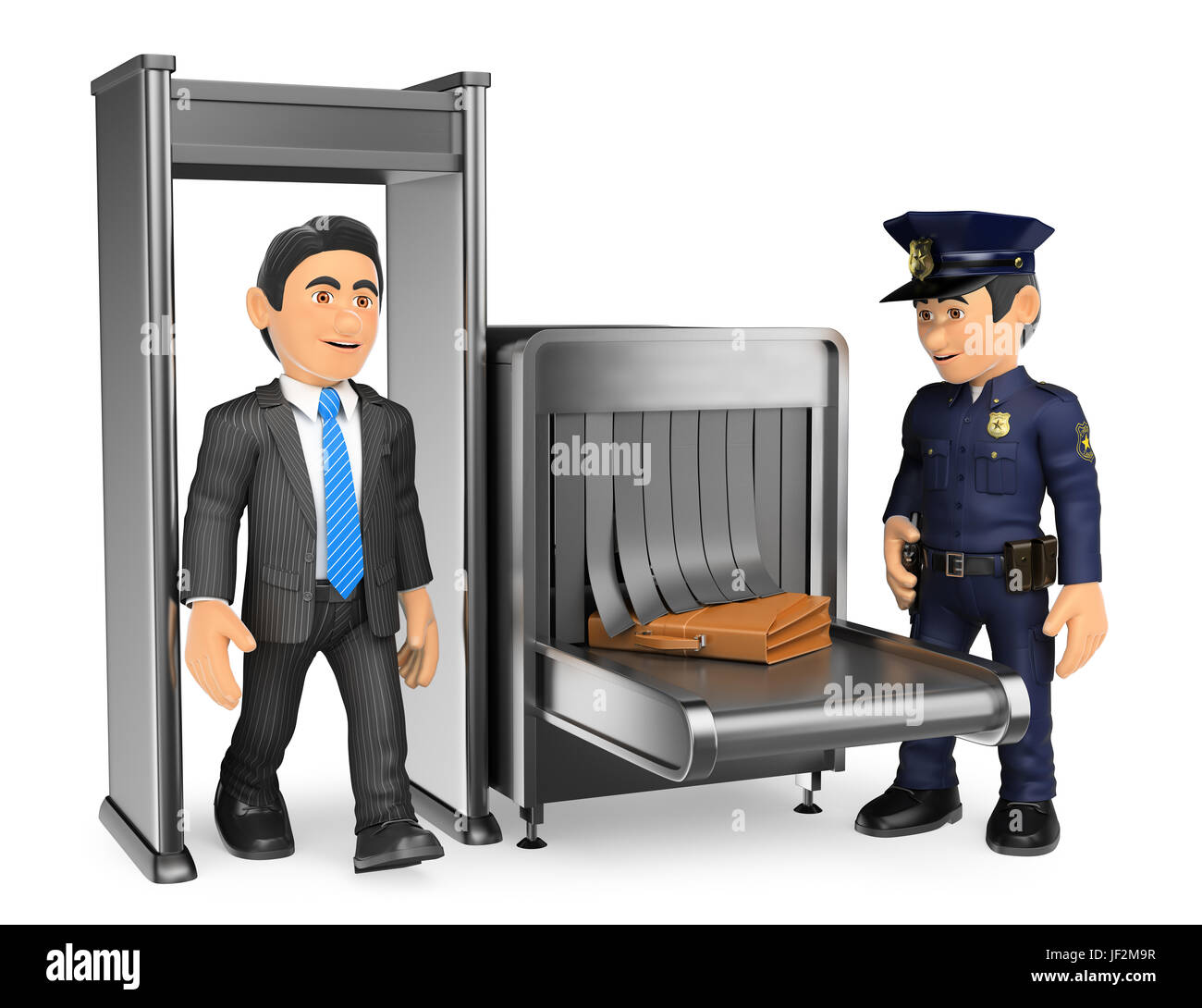 3d security forces people illustration. Businessman at airport police check. Isolated white background. Stock Photo