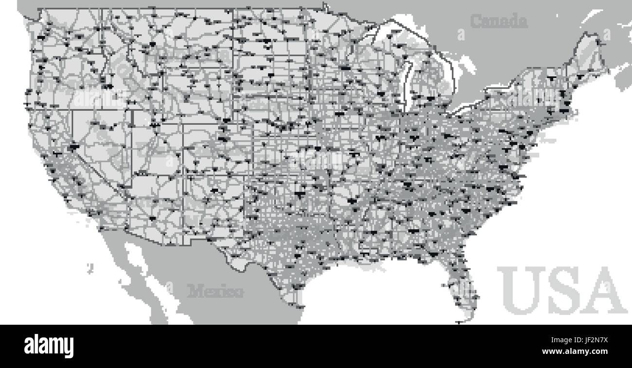 Vector High detailed accurate exact United States of America american road motorway map with city labeling. Geographic gray semitone administrative ma Stock Vector