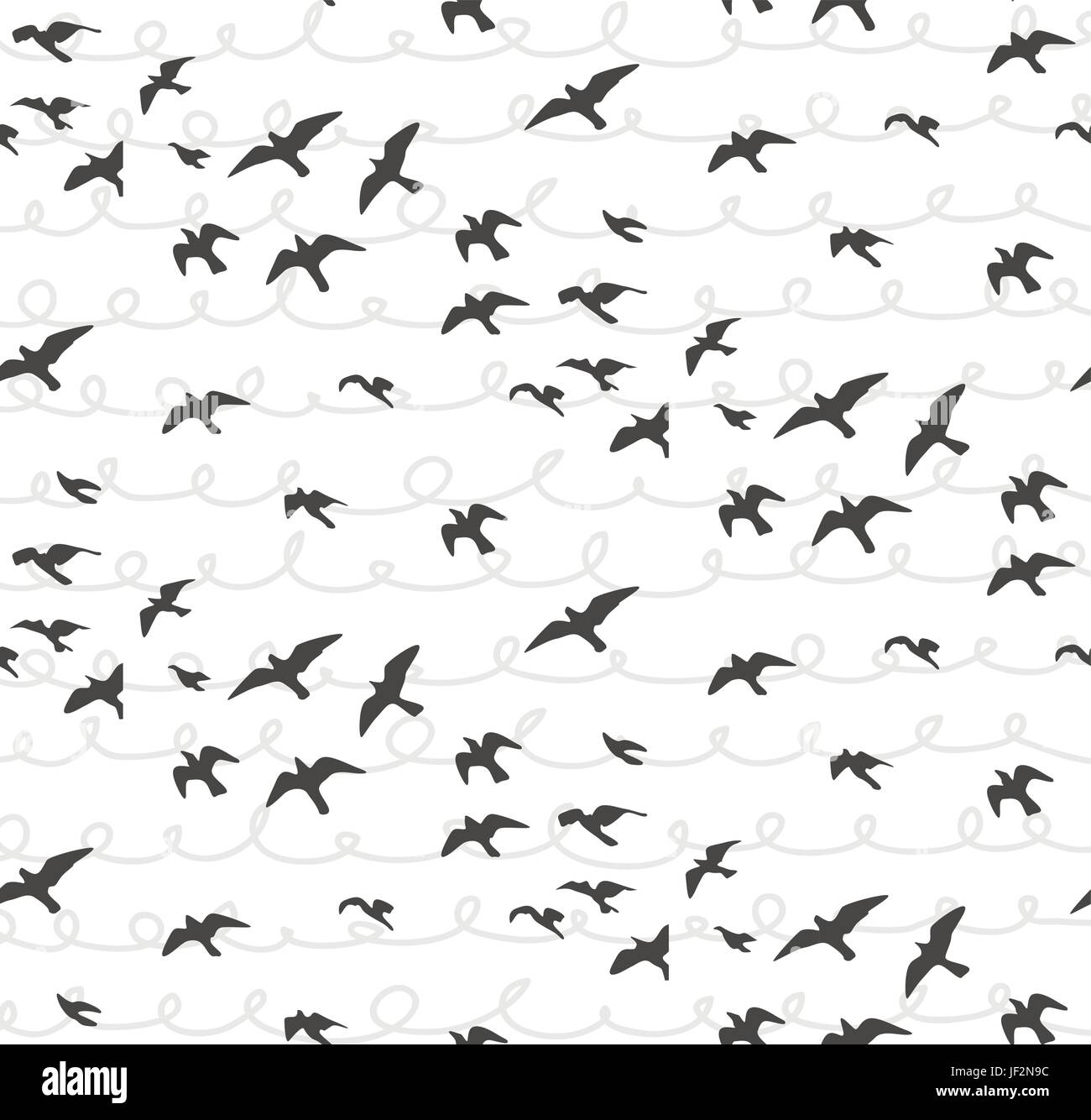 Seagulls abstract seamless pattern. Flying birds Flock gray silhouette. Sea-gull sketch abstract bird. Vector cute design for wrapping paper, fabric t Stock Vector