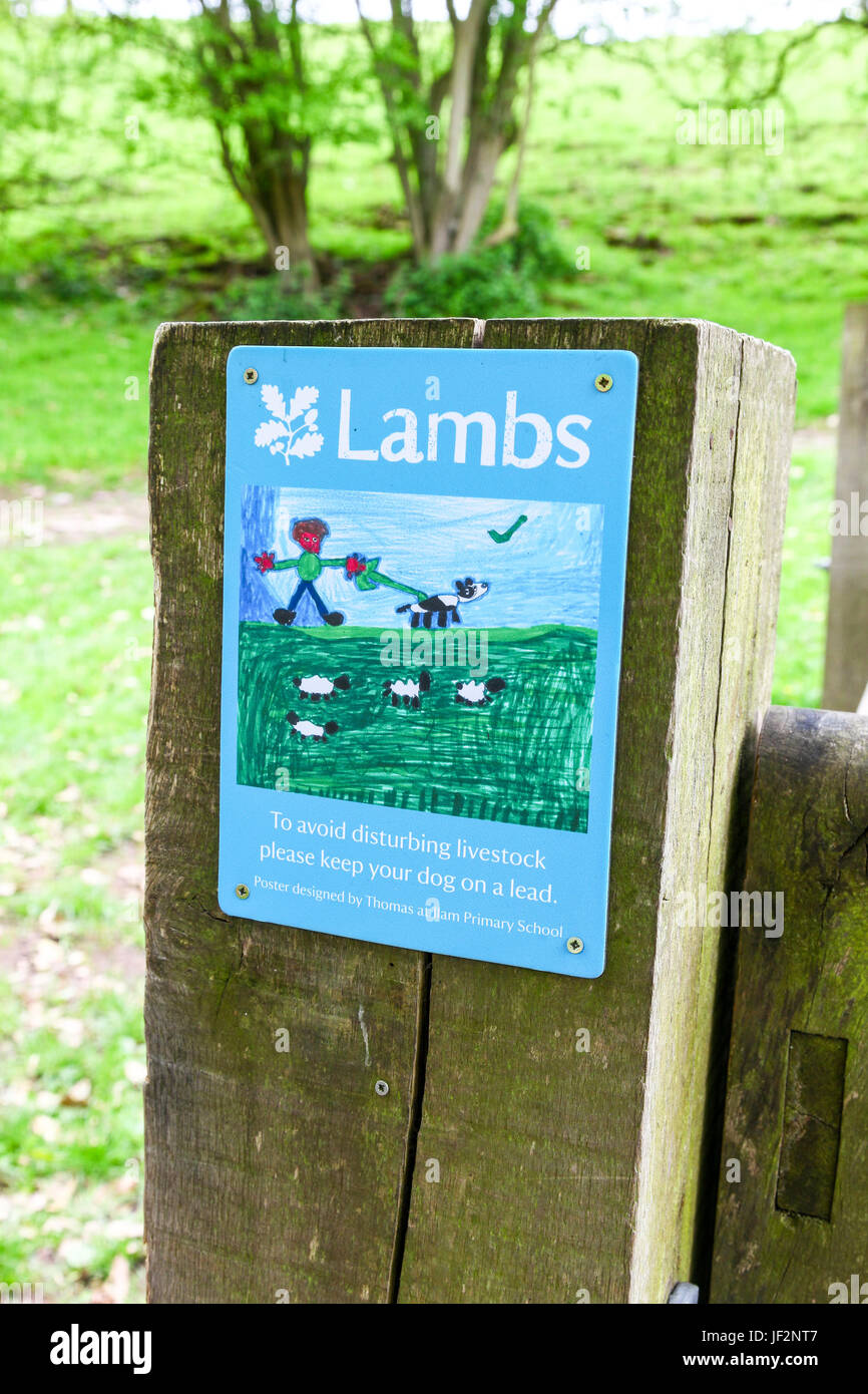 A sign on a wooden gate post saying keep your dog on a lead to avoid disturbing livestock on a public footpath through National Trust land Stock Photo