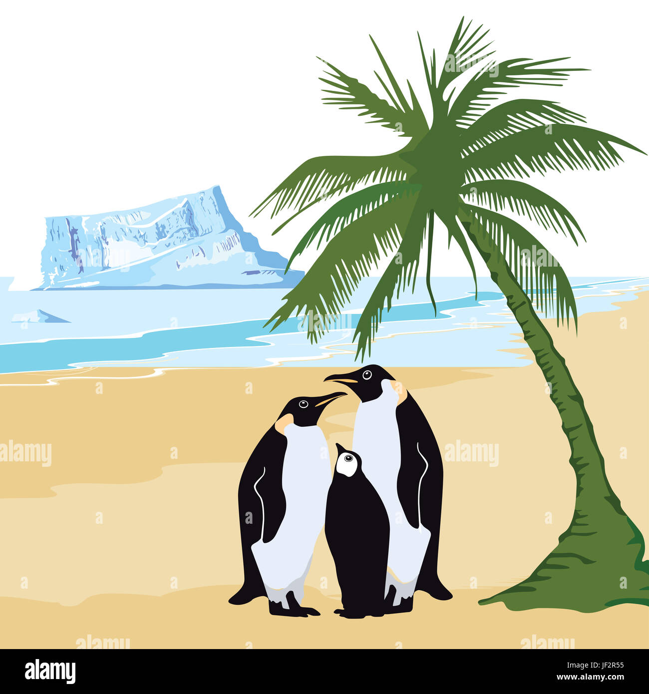 Climate warming with penguin and palm Stock Photo