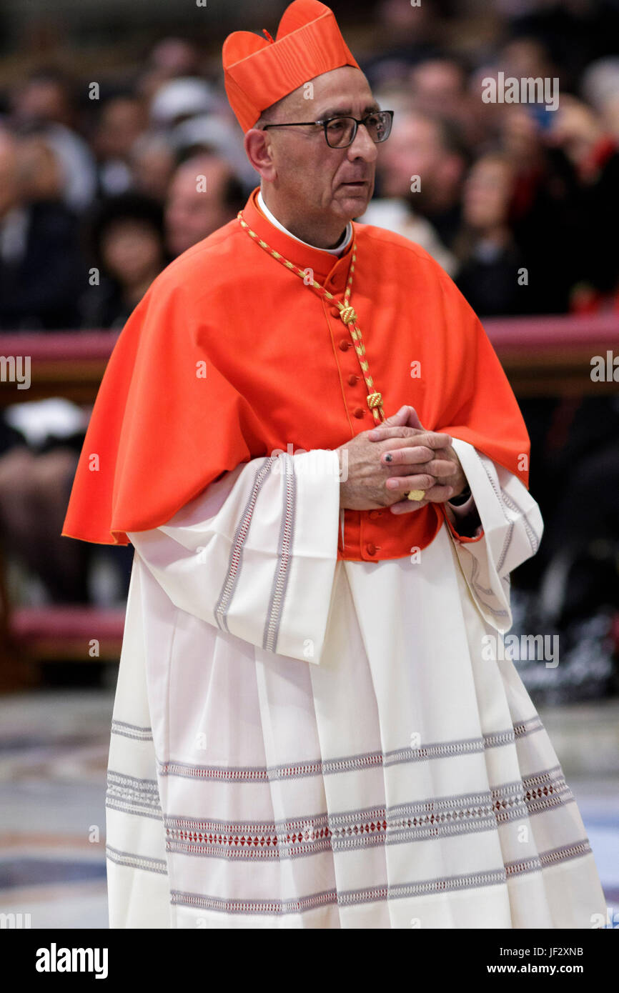 Vatican City, Vatican. 28th June, 2017. New Cardinal Juan Jose Omella, Archbishop of Barcelona, during the Ordinary Public Consistory as Pope Francis elevated 5 Roman Catholic bishops and archbishops to the rank of cardinal in St. Peter's Basilica in Vatican City, Vatican on June 28, 2017. The 5 new cardinals are below 80 and would therefore be entitled to vote in a conclave to decide a new pontiff. Credit: Giuseppe Ciccia/Pacific Press/Alamy Live News Stock Photo