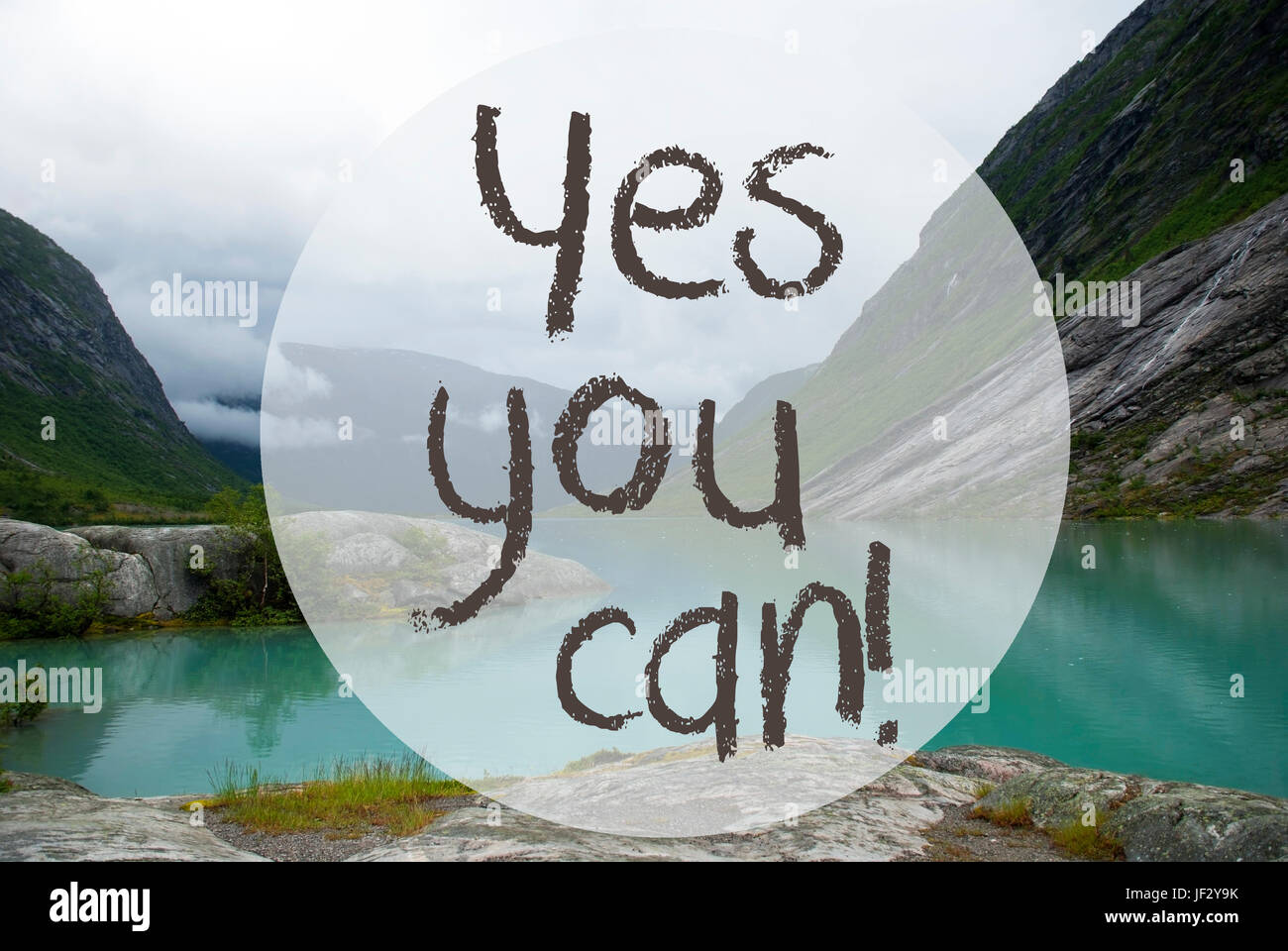 Lake With Mountains, Norway, Text Yes You Can Stock Photo