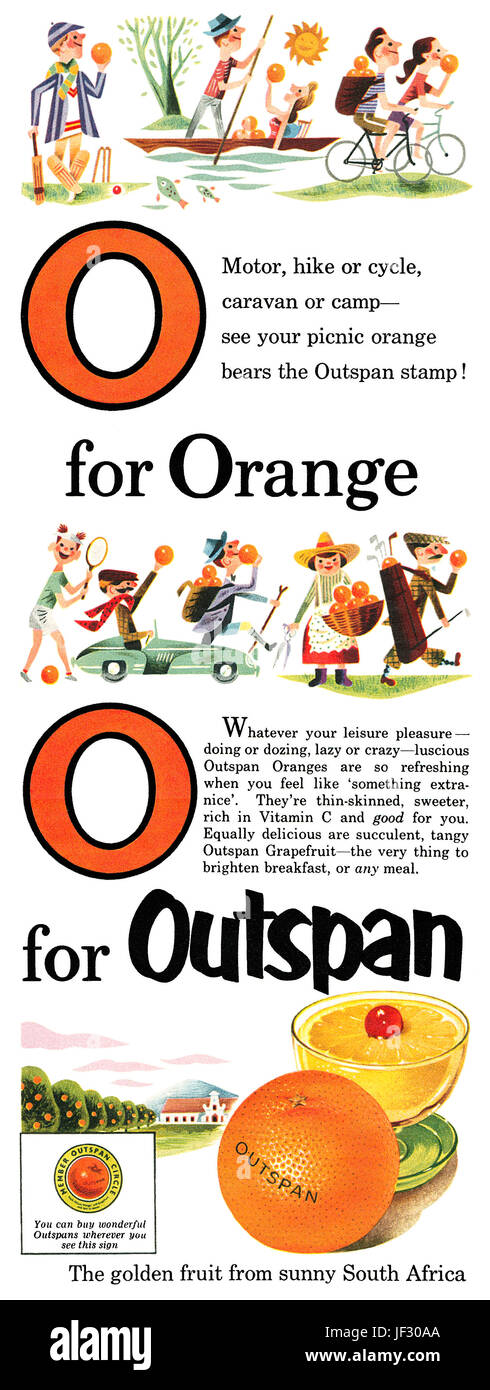 1953 British advertisement for Outspan Oranges. Stock Photo