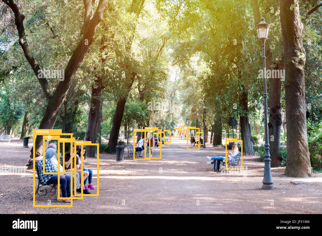 Machine Learning analytics identify person technology , Artificial intelligence concept. Software ui analytics and recognition people in garden with f Stock Photo