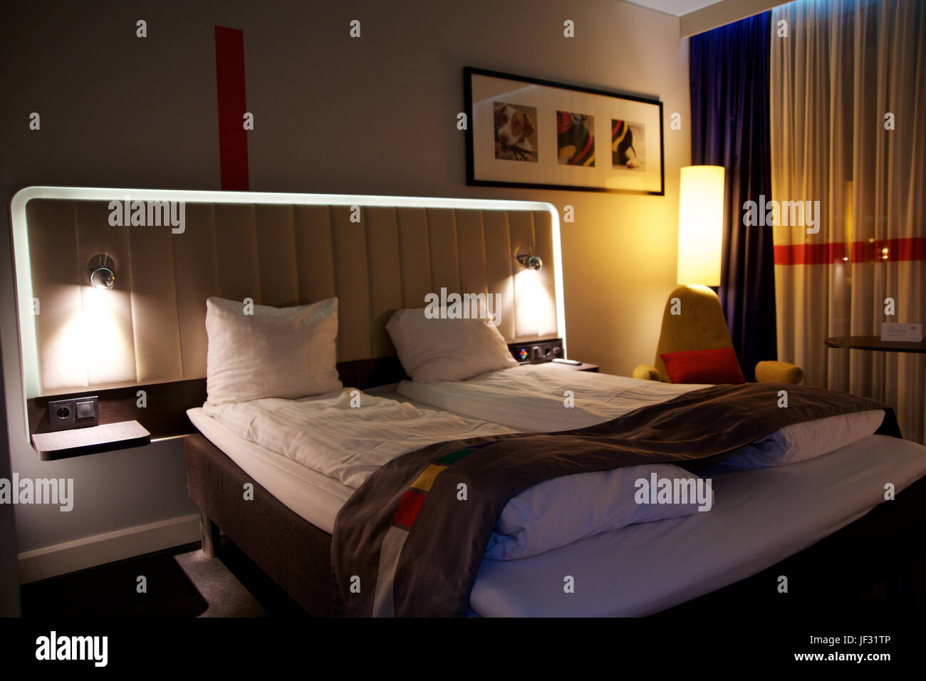 OSLO, NORWAY- JAN 20th, 2017: Interior of a double bed luxury hotel room with LED lightning, airport hotel, Park Inn Stock Photo
