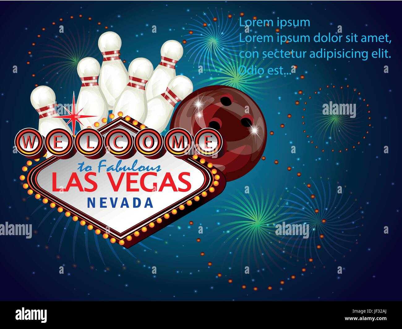 3d Bowling Ball with Skittles into the pins with Sign Welkome to Fabulous Las Vegas of bowling party. Bowling game.Welcome to fabulous Las Vegas Nevad Stock Vector