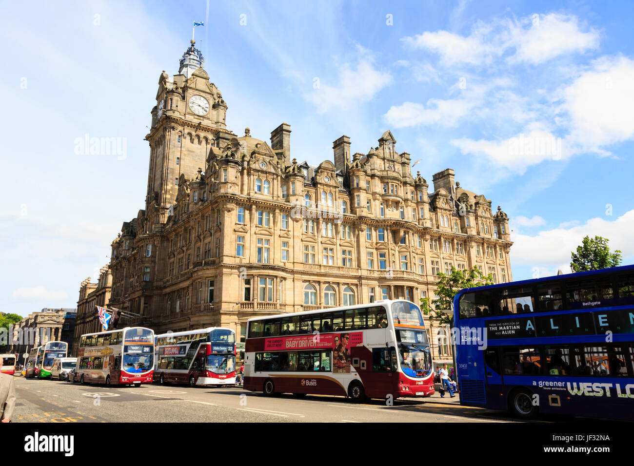 Buses on Princes Street outside the Balmoral Hotel, Edinburgh, Scotland. Stock Photo