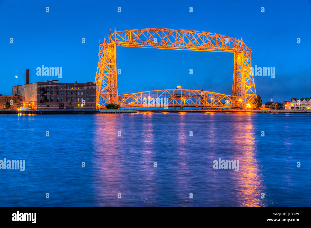 The aerial lift bridge and Canal Park in Duluth, Minnesota, USA Stock Photo