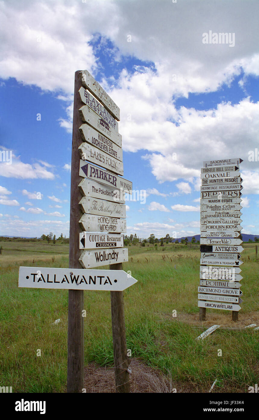 Elaborate signage to a variety of Lower Hunter wineries and other attractions, Oakey Creek Road, Hunter Valley, New South Wales, Australia Stock Photo