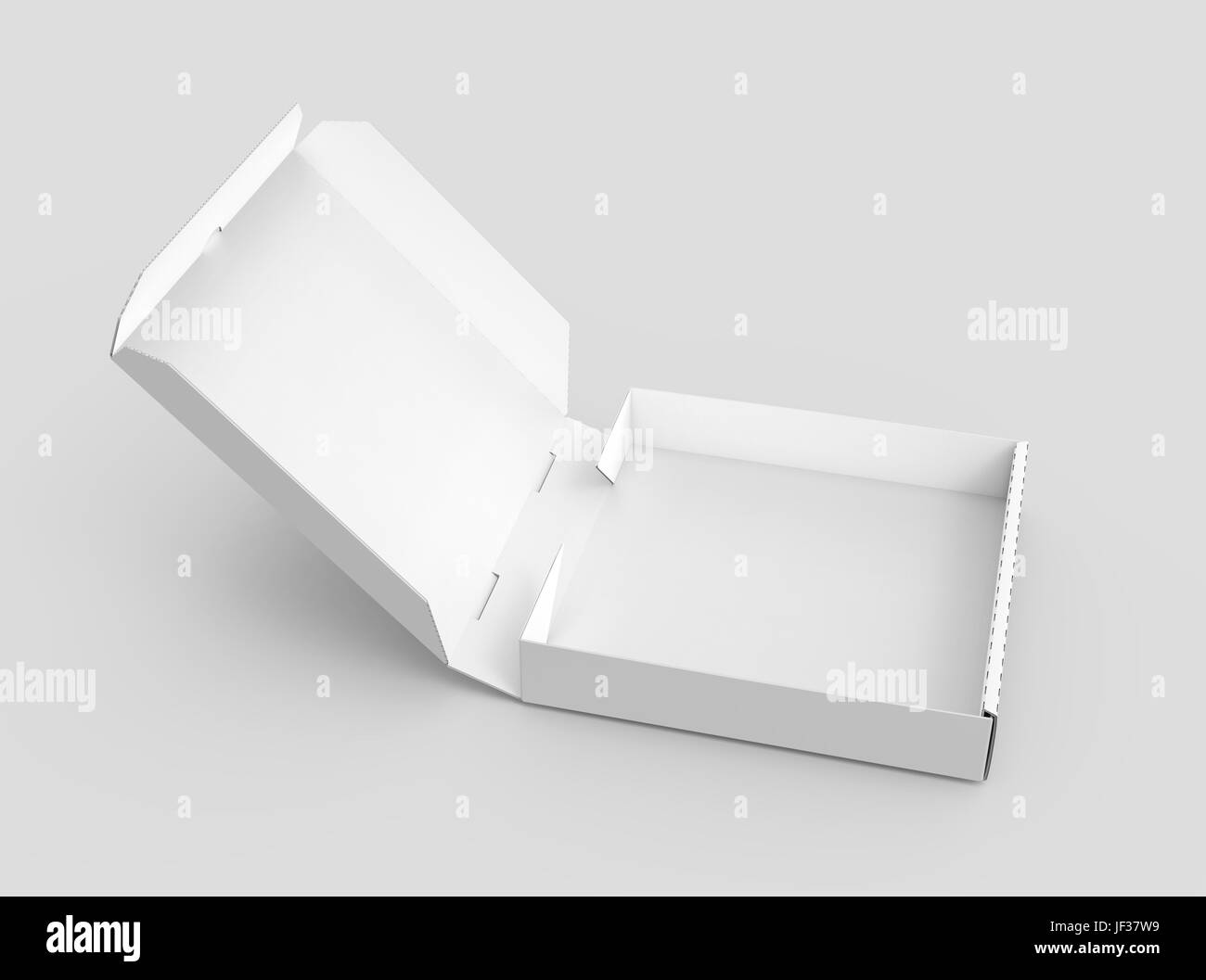 3d rendering white blank right tilt open pizza box, isolated light gray ...