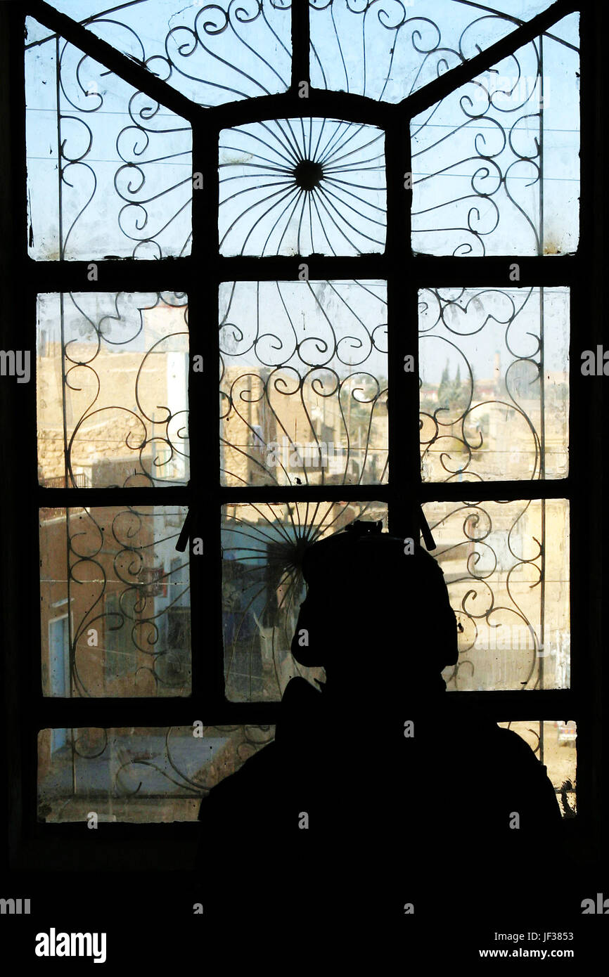061221-M-9019H-019  A U.S. Marine is silhouetted in a window as he searches a building during a patrol in Haqlaniyah, Iraq, on Dec. 21, 2006.  The Marine is attached to the 2nd Battalion, 3rd Marine Regiment, Regimental Combat Team 7, I Marine Expeditionary Force (Forward).  DoD photo by Cpl. Brian M. Henner, U.S. Marine Corps.  (Released) Stock Photo
