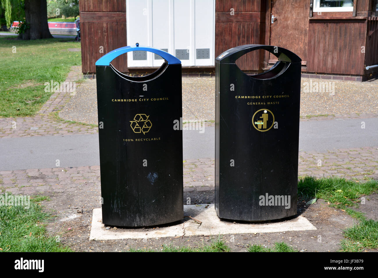 Local Authority recycling bins in park in Cambridge, Cambridgeshire