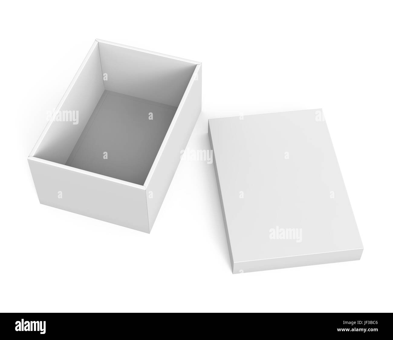 3d rendering left tilt blank white paper open box with separate lid on ...