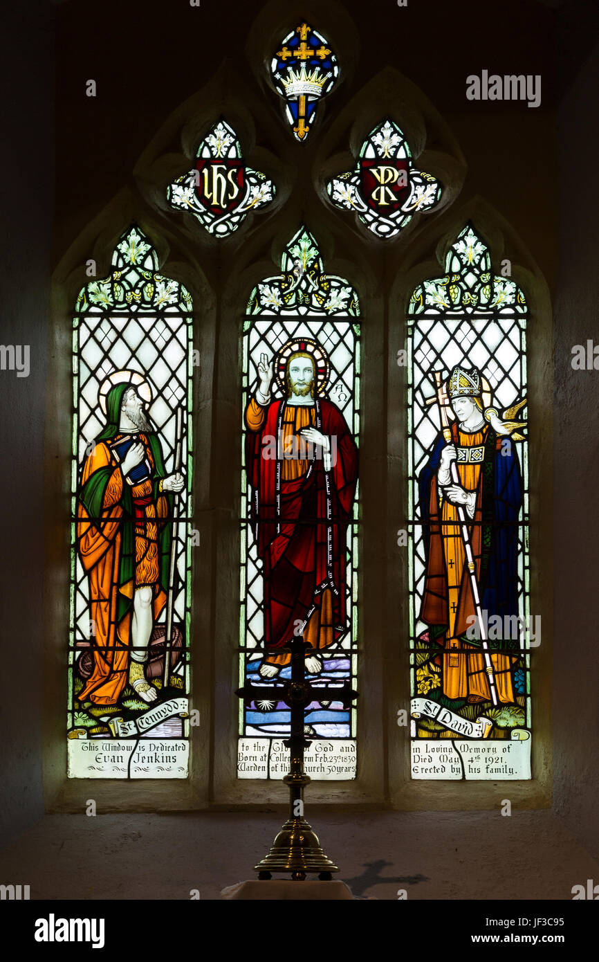 Stained glass window, St. Cenydd's Church, Llangennith, Gower Peninsula, Glamorgan, Wales, UK Stock Photo
