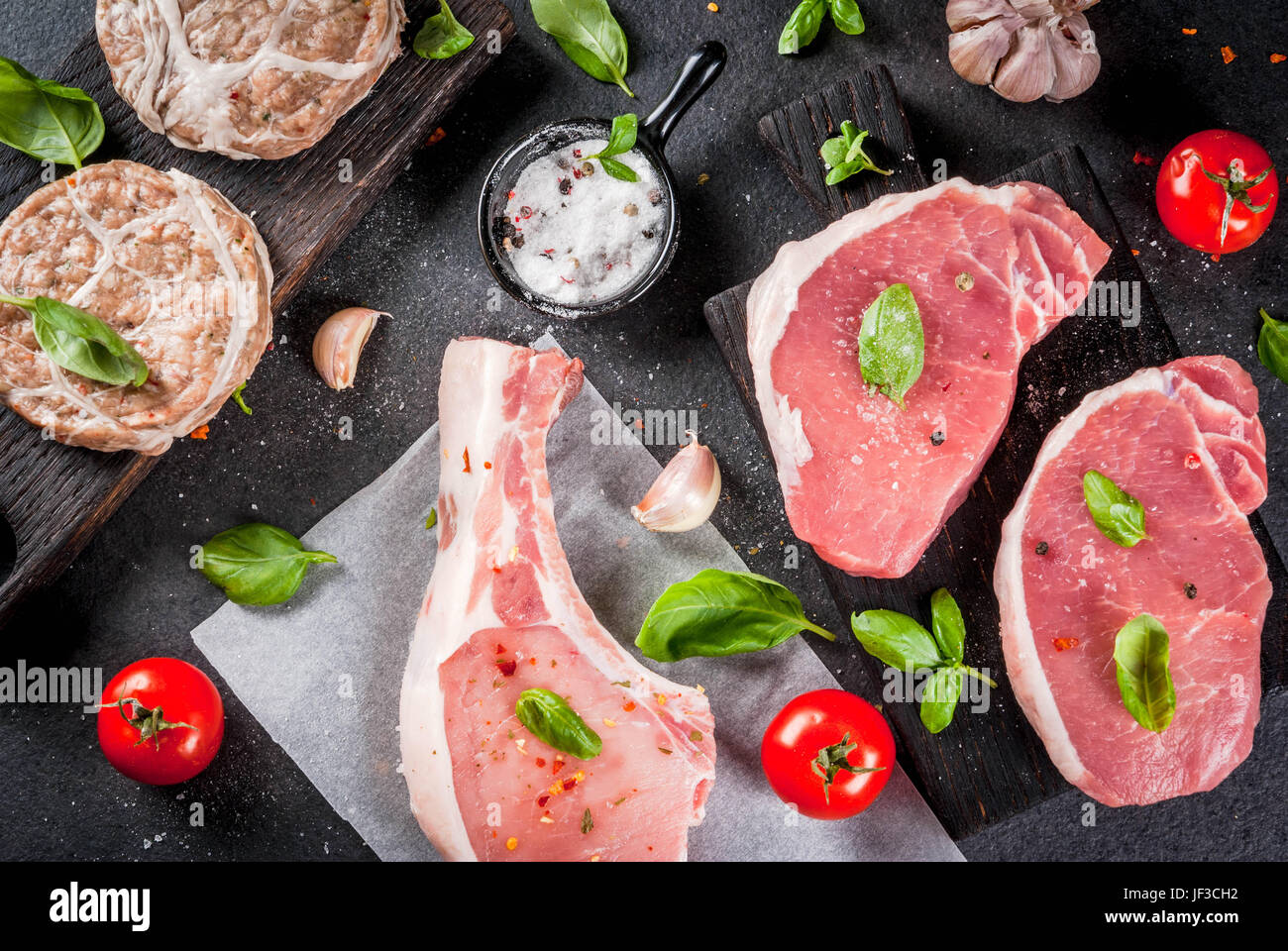 Raw organic meat. Selection of several types of red meat pork cutlet