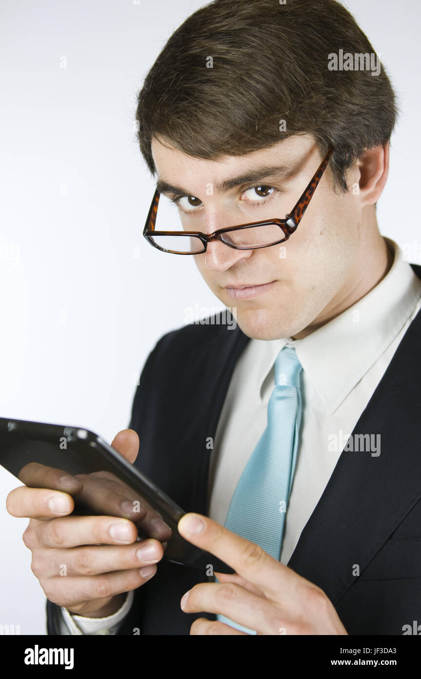 sceptical look with pad Stock Photo
