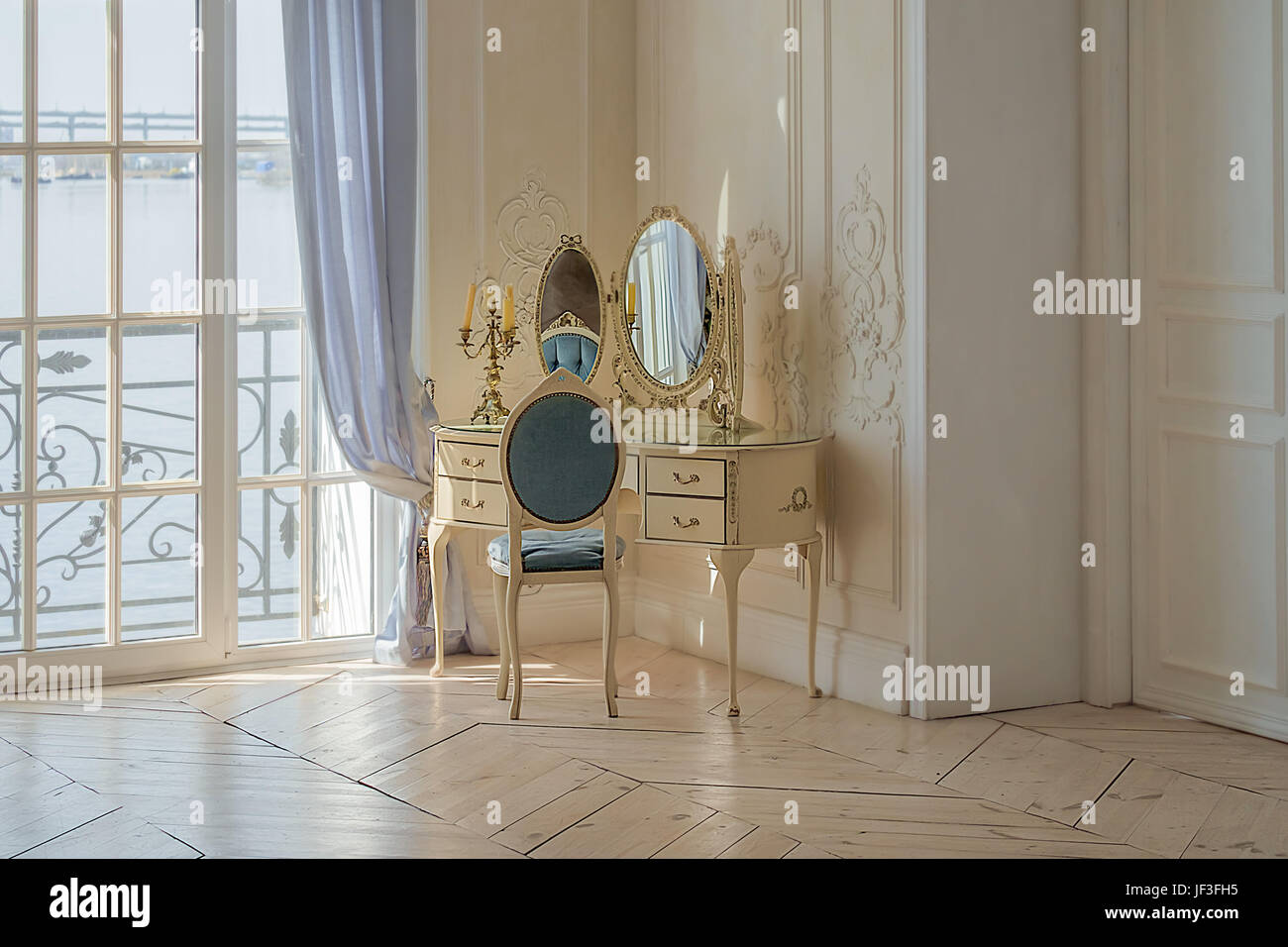 Vintage boudoir luxury clean bright white bedroom interior Stock Photo