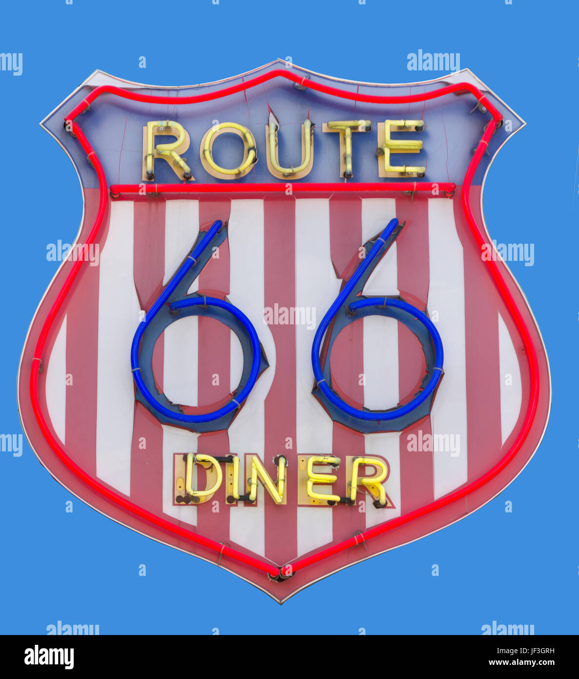 Neon diner sign on historic US Route 66 highway, California, United States of America Stock Photo