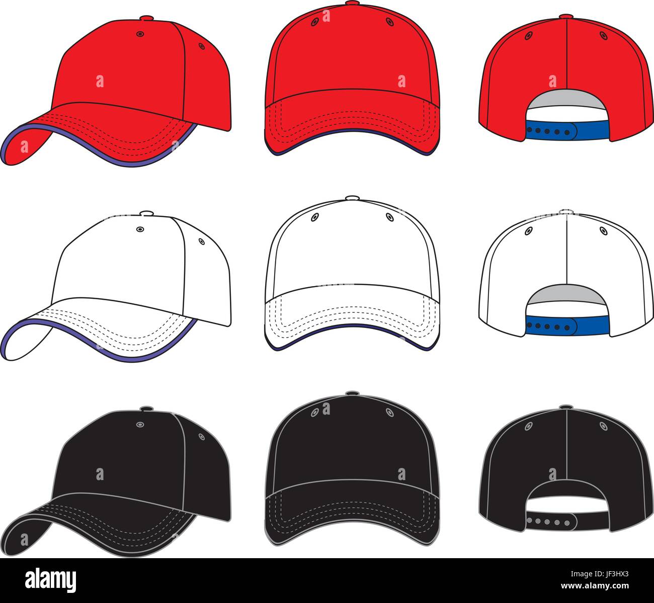 Baseball cap vector customisable for proofing trucker hat cap template front back and side Stock Vector