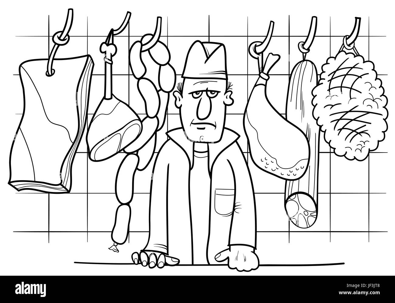 butcher in shop coloring book Stock Photo