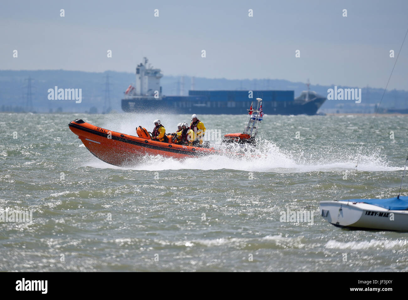 Southend RNLI Atlantic 85 lifeboat Julia & Angus Wright B-885 at speed on the Thames Estuary off Thorpe Bay. Launched 2015 Stock Photo