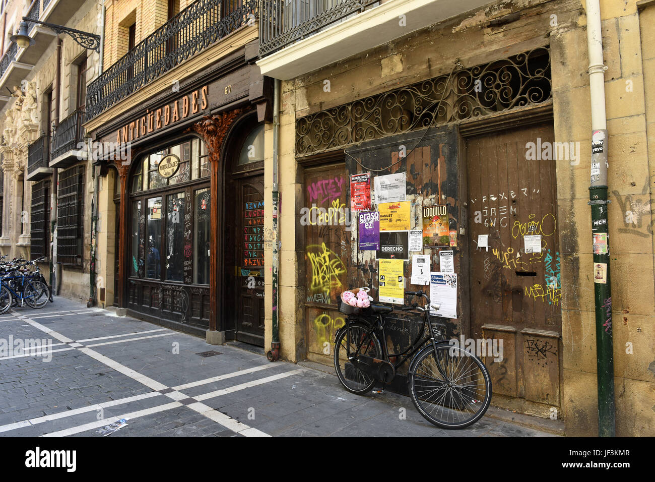Old shops in Calle Mayor in Pamplona in Navarre region of Spain Stock Photo