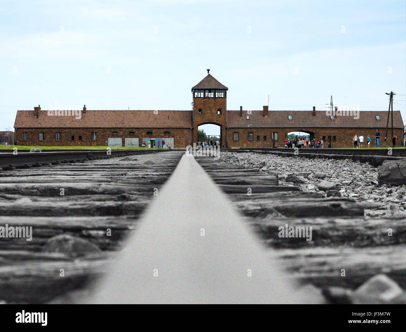 Past to Present Auschwitz entrance Stock Photo