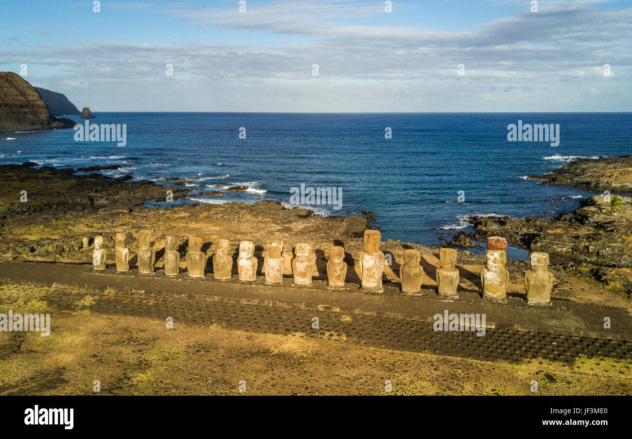 Aerial view of Moai at Ahu Tongariki, Easter Island, Chile Stock Photo