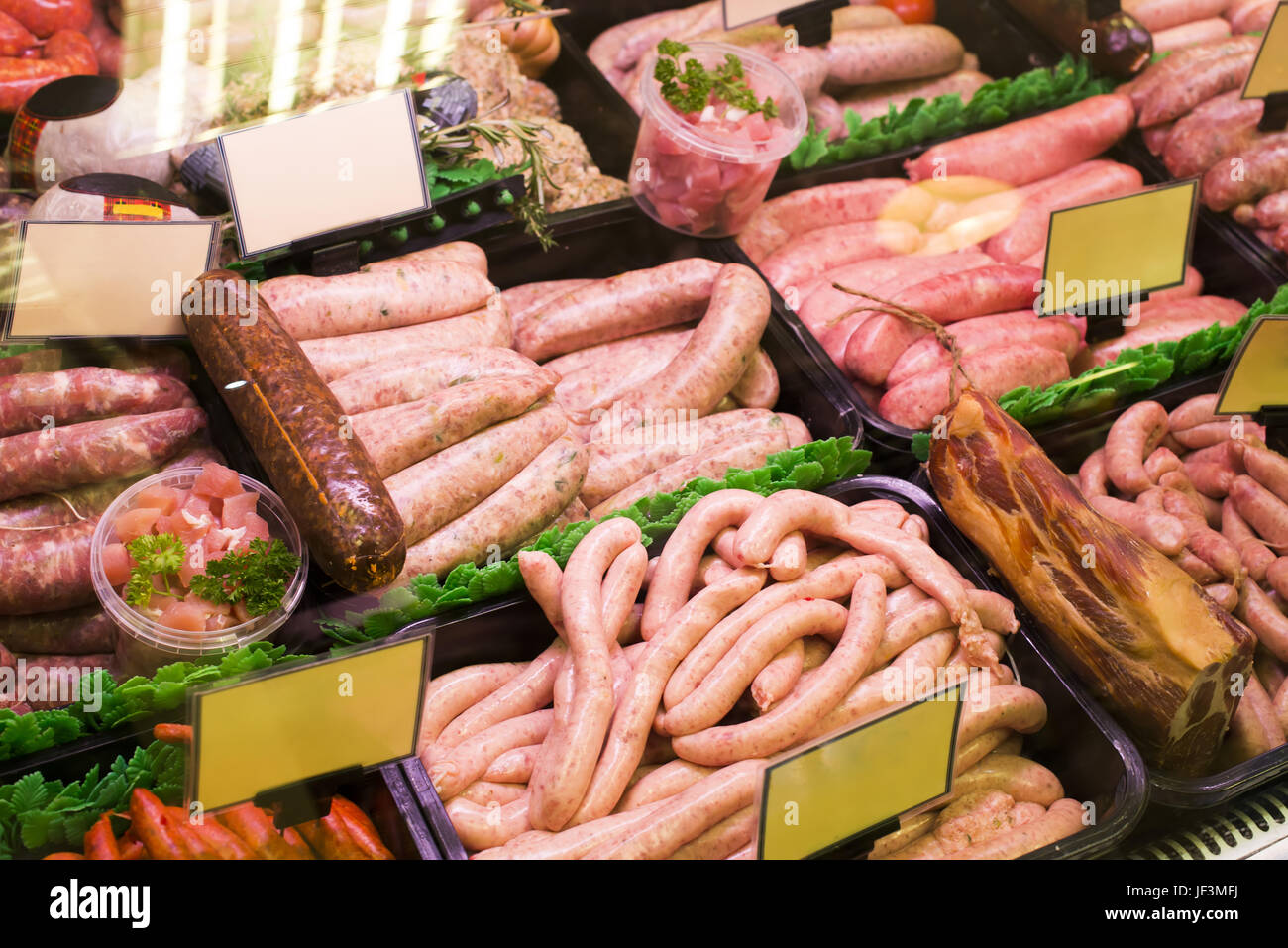 Meat and sausages in a butcher shop Stock Photo Alamy