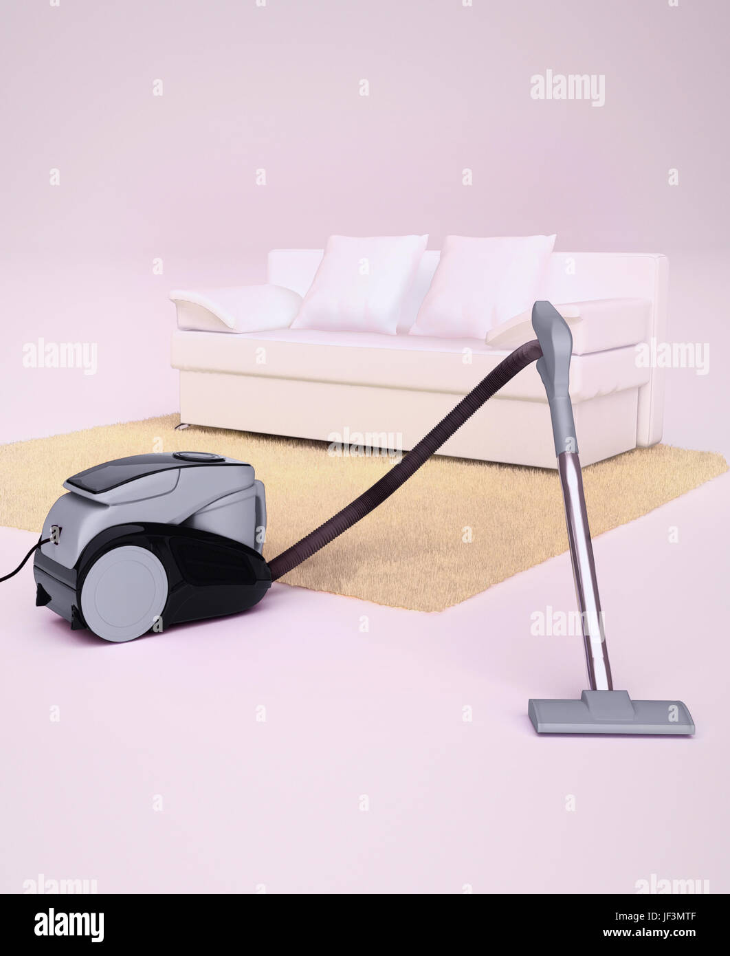 Modern vacuum cleaner vacuuming a white floor and fluffy beige carpet