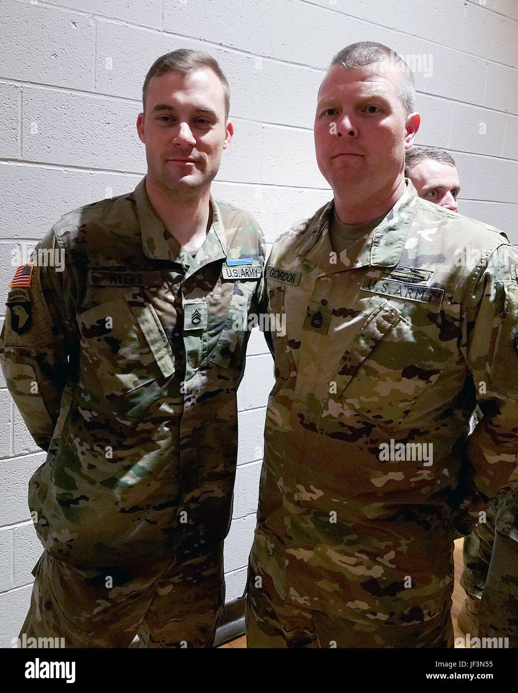 Army Reserve Staff Sgt. Clint Myers, a Kingsport, Tennessee native, stands with Sgt. 1st Class Eric Gordon after receiving his Expert Infantry Badge at McCrady Training Center in Eastover, S.C. on March 31, 2017. Myers earned the prestigious EIB after completing the two-week preparation course and grueling 5-day competition, which Gordon encouraged him to do. Myers started his EIB journey along with 122 other Soldiers. Upon completion of the competition, only 17 Soldiers earned the EIB, and Myers was the only Reserve Soldier among them. (U.S. Army Reserve Photo by Chaplain (Capt.) Caleb Wright Stock Photo