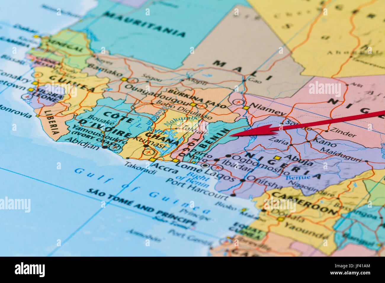 Photo of Benin. Country indicated by red arrow. Country on African continent. Stock Photo