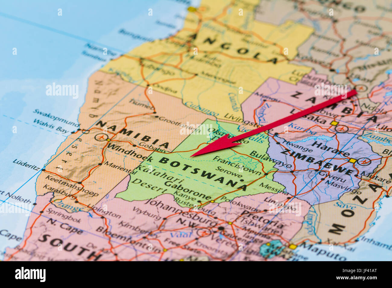 Photo of Botswana. Country indicated by red arrow. Country on African
