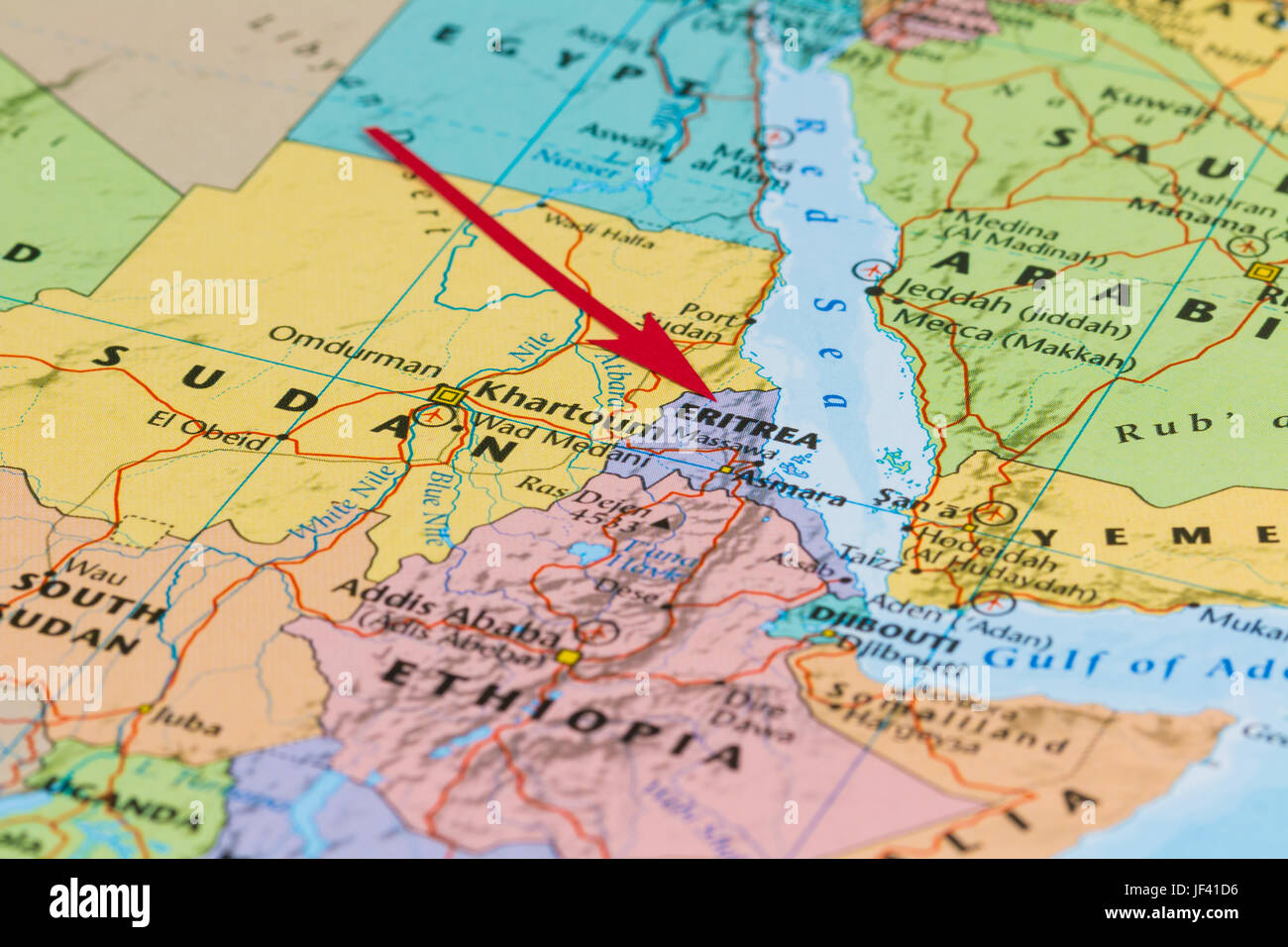 Photo of Eritrea. Country indicated by red arrow. Country on African continent. Stock Photo