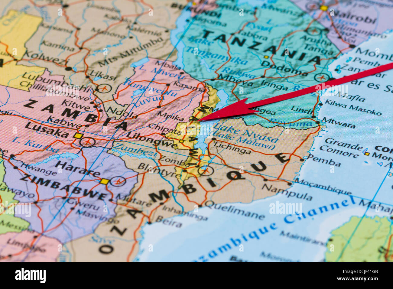 Photo of Malawi. Country indicated by red arrow. Country on African continent. Stock Photo