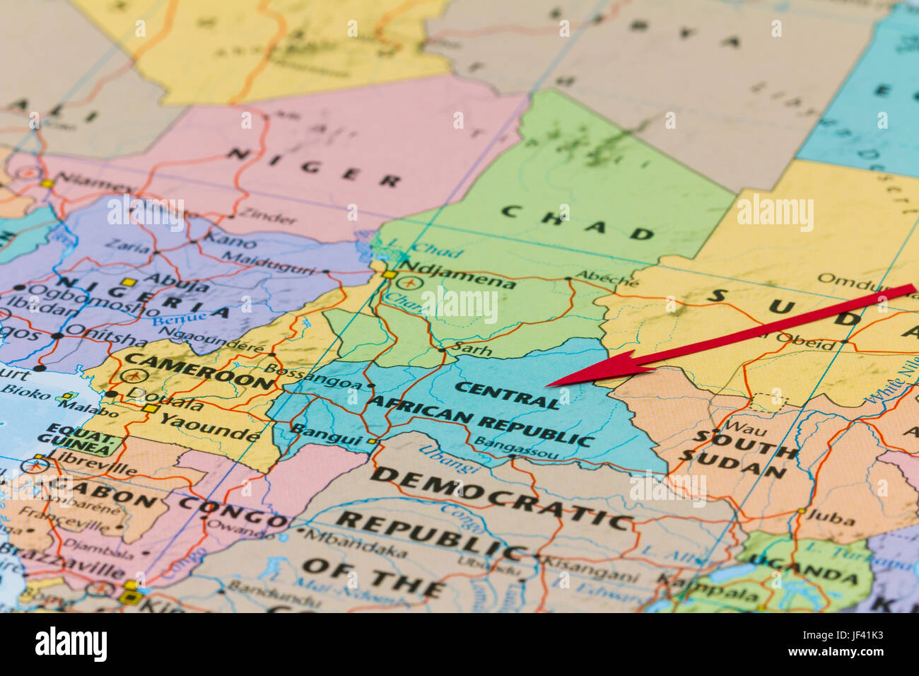 Photo of Central African Republic. Country indicated by red arrow. Country on African continent. Stock Photo