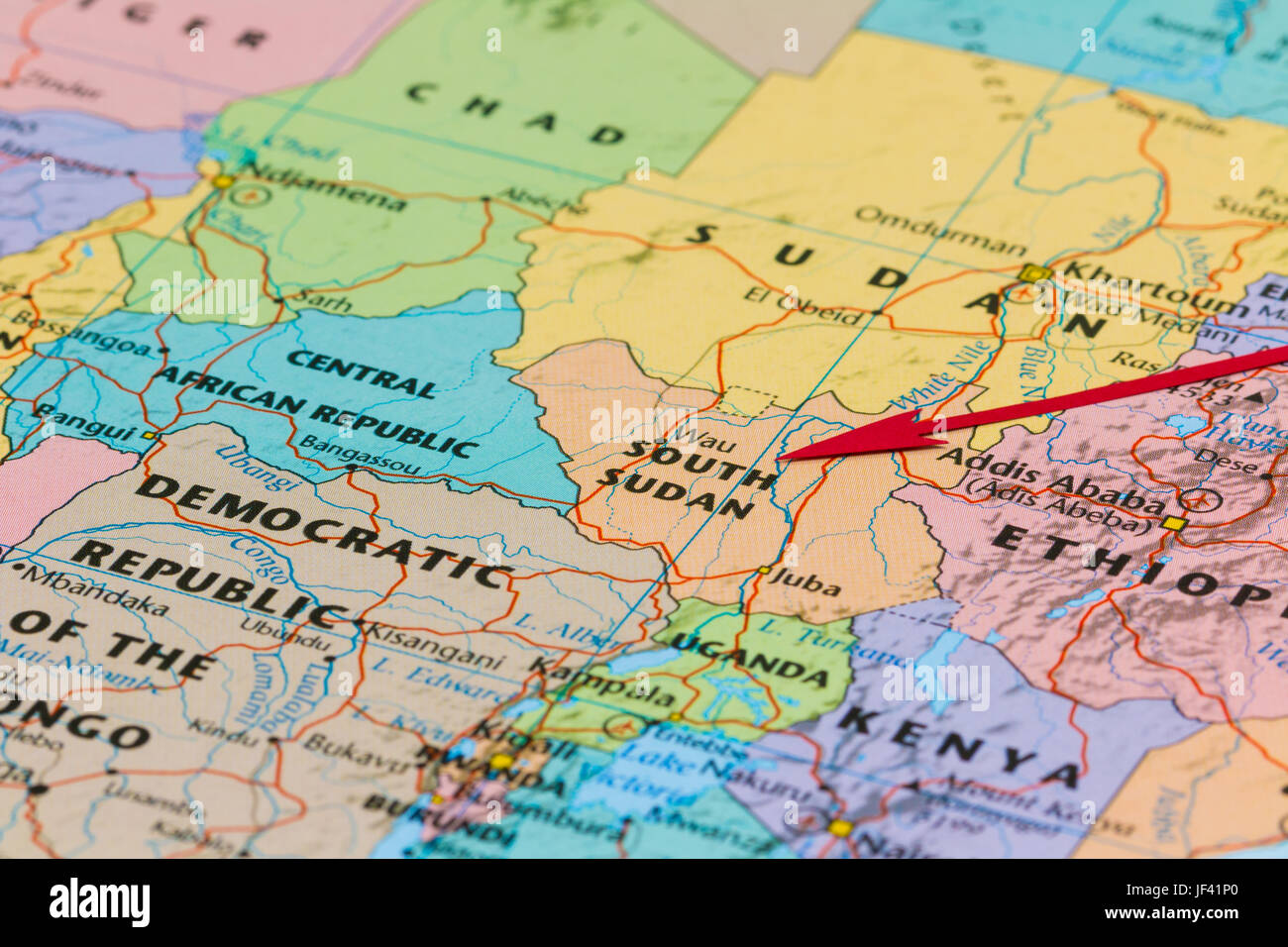 Photo of South Sudan. Country indicated by red arrow. Country on African continent. Stock Photo