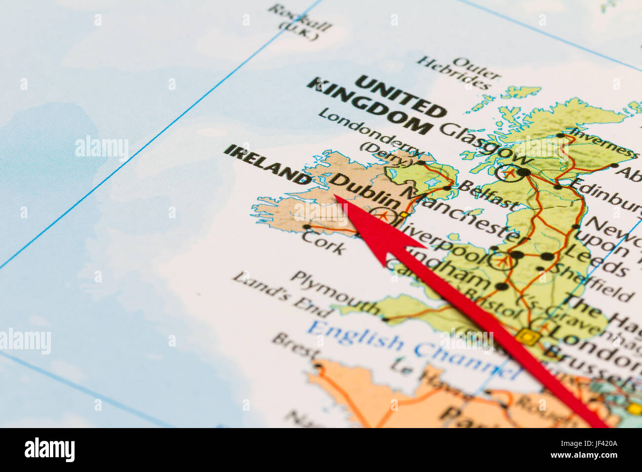 Photo of Republic of Ireland. Country indicated by red arrow. Country on European continent. Stock Photo