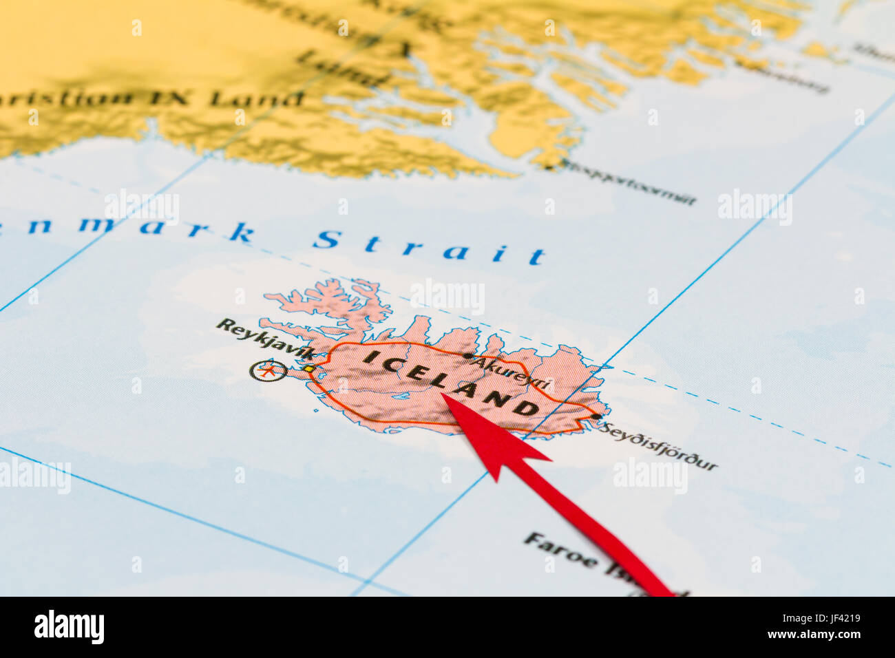 Photo of Iceland. Country indicated by red arrow. Country on European continent. Stock Photo