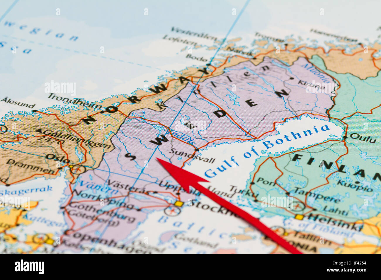 Photo of Sweden. Country indicated by red arrow. Country on European continent. Stock Photo