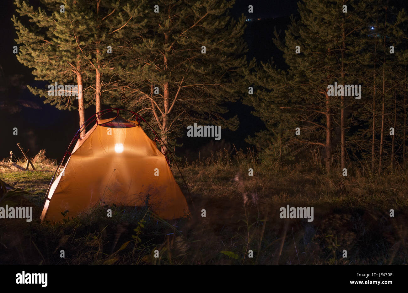 Tent in the forest at night Stock Photo - Alamy