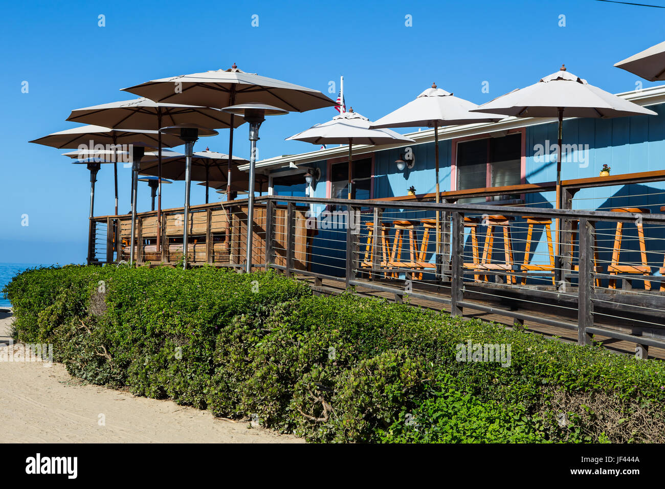umbrellas on the wood deck of Restaurant at Crystal Cove