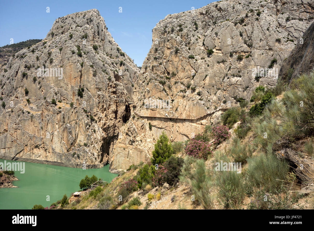 The Spanish Caminito del Rey tourist attraction, Malaga Province with high walkway around a gorge with the Rio Guadalhorce running through it. Stock Photo