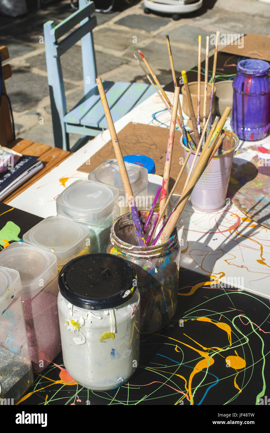 Artist Paint Brushes in White Bucket of Water, Acrylic Colour in