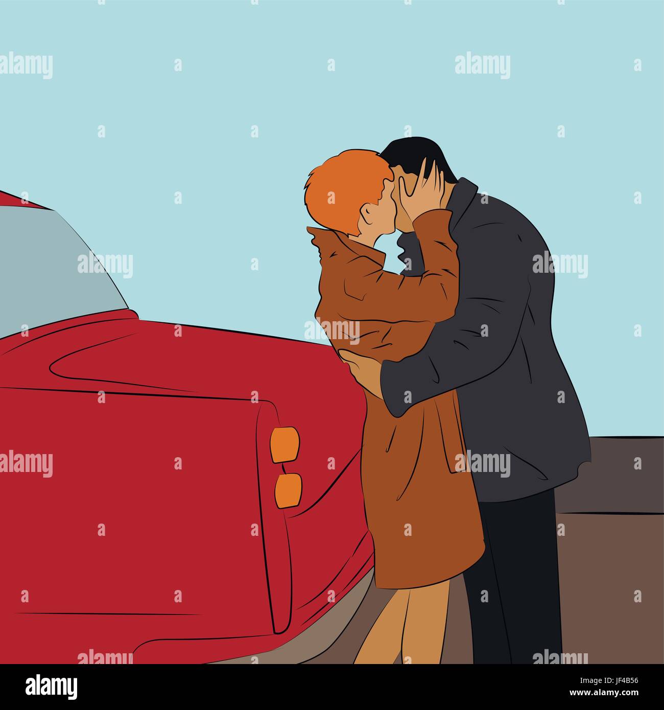 Valentine. Vector illustration of beautiful kissing couple near the car. Stock Vector